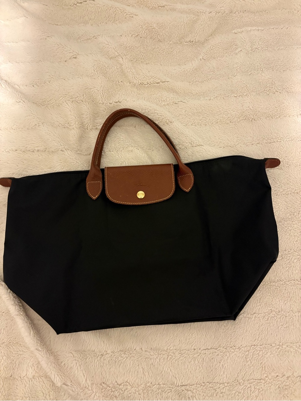 Longchamp Black Nylon Tote with Brown Leather Trim